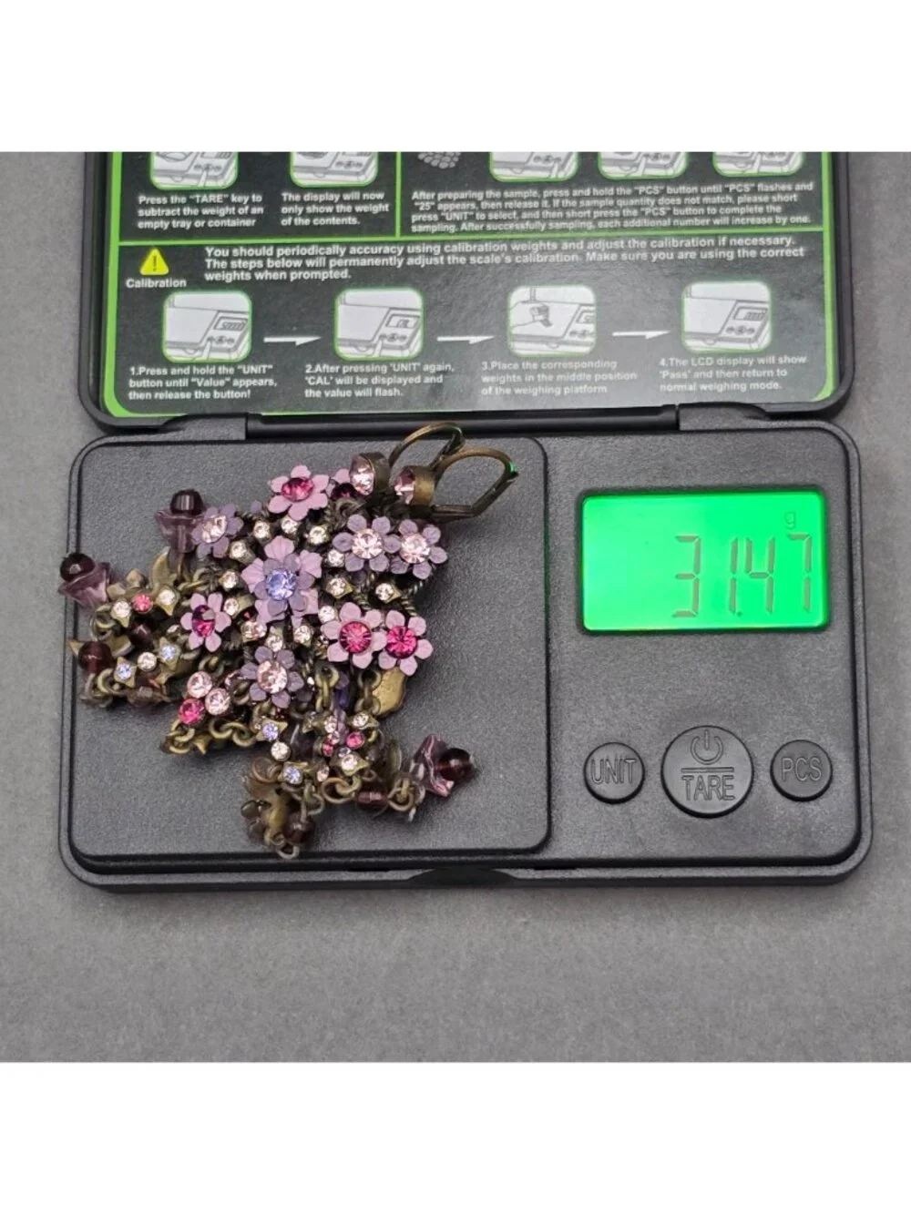 Vintage Michal Negrin Brass Dangle Earrings 4.75" Pastel Floral Crystal Drop - Picture 10 of 11